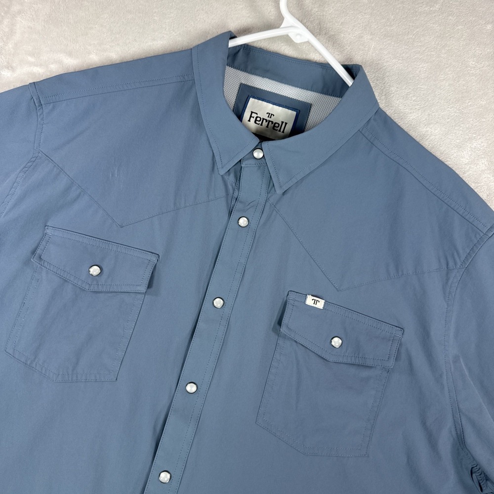Ferrell Pearl Snap Tech Shirt Mens 2XL Blue Western Performance Short Sleeve